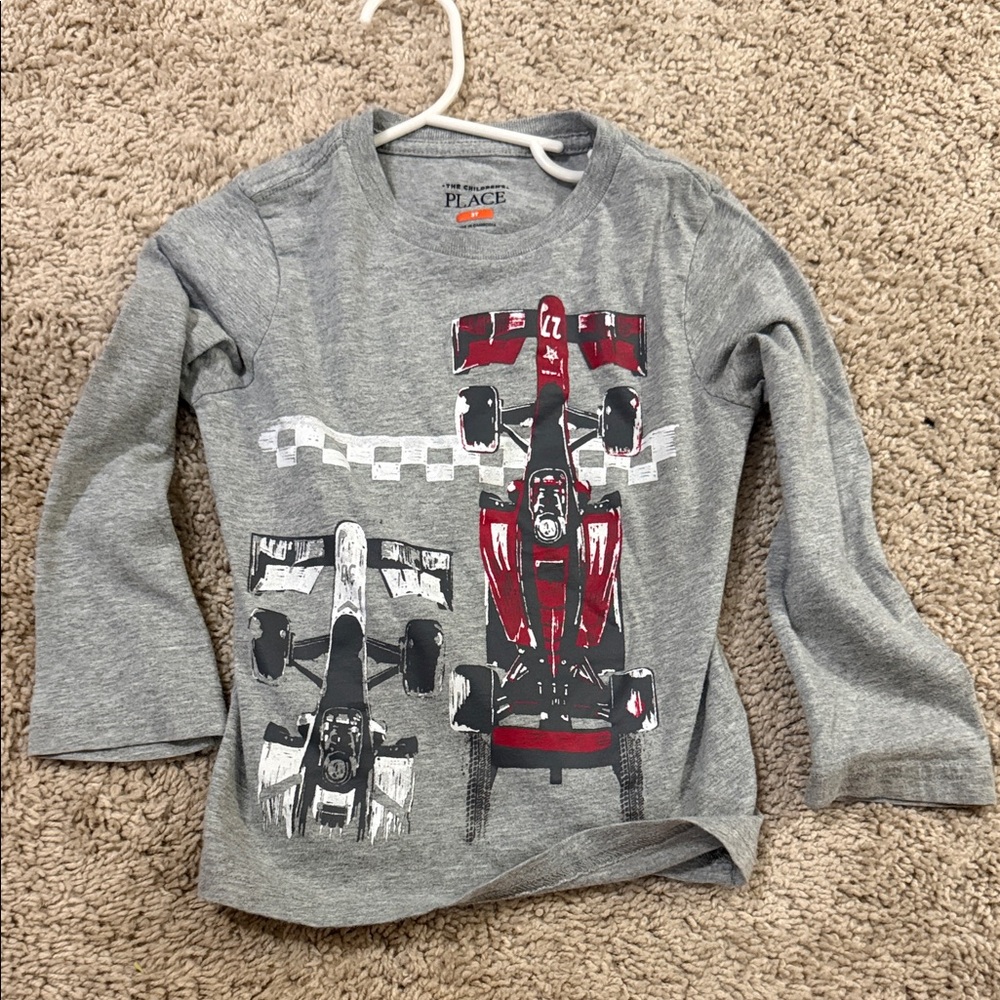 The Children's Place Gray Long Sleeve Shirt with Red and Black Race Cars